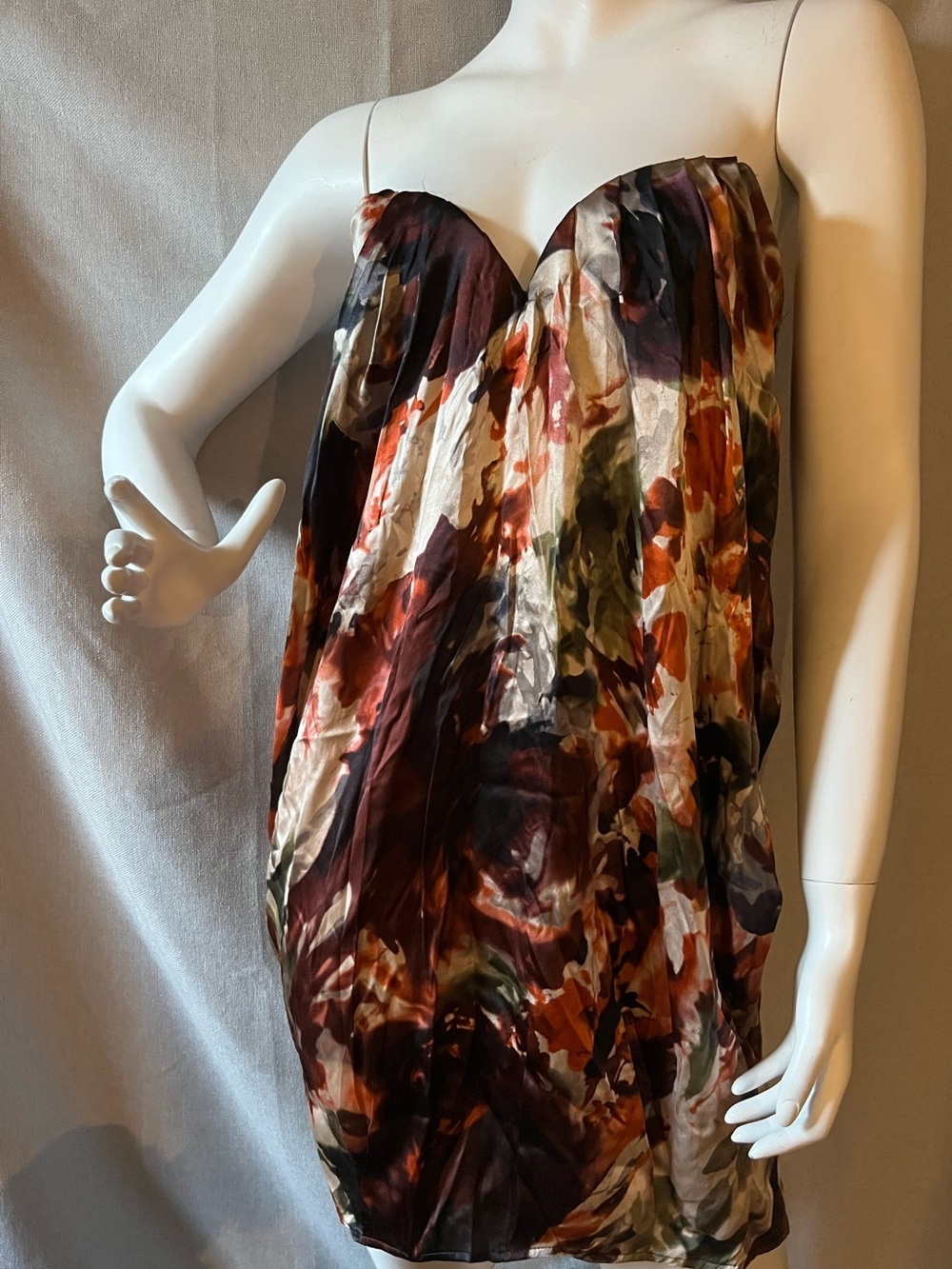 Silk Strapless Watercolor Floral Mini Dress in Burgundy Multi